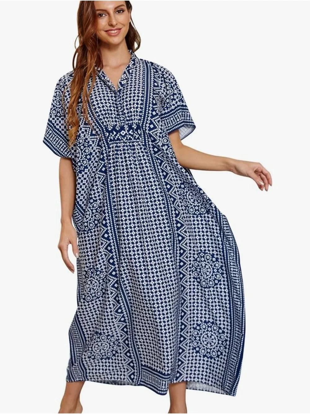 Women’s Navy Blue Printed Swim Cover-Up Caftan